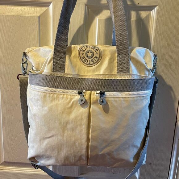 Kipling off white Nylon shoulder bag with gray fabric trims and straps . - Picture 1 of 13